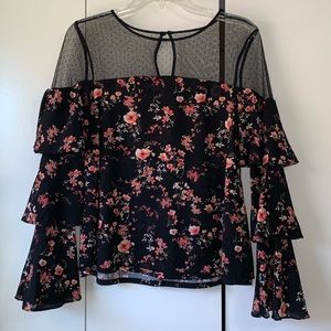 White House Black Market Ruffle Sleeve Floral Mesh Top